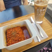 Vegan lasagna and soy latte at HealthyTOKYO CBD Shop & Cafe - Harajuku in Tokyo