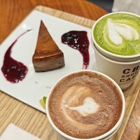 Cheesecake and matcha latte + hot cocoa at HealthyTOKYO CBD Shop & Cafe - Harajuku in Tokyo