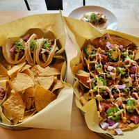 Street tacos with chips and salsa, 1/2 order of loaded nachos, and one Blanco taco at Dead Bird Brewing in Milwaukee