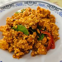 16. stir fried tofu with curry paste and lemon grass, 50 Baht, very spicy, but highly recommended at Vegetarian Eatery อารหารเจ ร้านสำหรับเจ in Ayutthaya