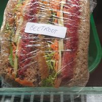 Homemade beetroot pattie and salad - vegan sandwich  at Grist Artisan Bakers Wesley Hill in Castlemaine