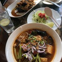The soup and aubergine meal  at Sen Viet Vegan in East London