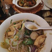 Spicy noodles soup and 'pork' dish (sorry can't remember their proper names) at Sen Viet Vegan in East London