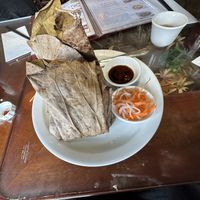 Special fried rice comes wrapped in this leaf   at Sen Viet Vegan in East London