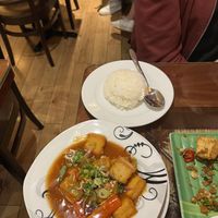 fried tofu in tomato sauce with rice   at Sen Viet Vegan in East London