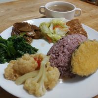 Set meal with mock fish, rice, tofu, veggies, and soup. at A-Hong in Shoufeng