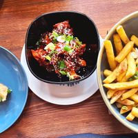 Fried dumpling, Korean glazed cauliflower, salt & pepper fries  at The Tramshed in Sheffield