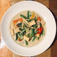 Green curry w/ green pepper, bamboo shoots, string bean, peas, carrots, and fresh Thai basil at Singha Thai Cuisine in Moab