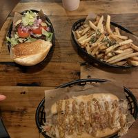 Beer Brat, Beyond Burger, and Garlic & Rosemary Fries.  at The Missing Link in Shreveport