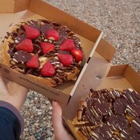 Vegan waffles: chocolate, banana, strawberry and  chocolate, peanutbutter, banana at Wafflemeister in Brighton