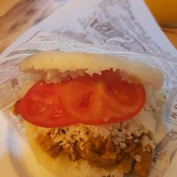 Vegan curry "lamb" arepa at Tumatey in Barcelona