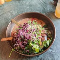 Saté van oesterzwammen met chili pinda-saus en basmati rijst. Echt heerlijk! at Den Olifant in Ypres