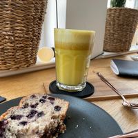 Tumeric soy latte und blueberry bread -10/10  at Fresh INN - Grosse Str in Flensburg