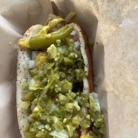 Chicago dog topped with “spicy candy” a spicy/sweet relish kind of thing  at Feed Your Head - Food Stand in Chicago
