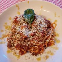 Spaghetti polpette with "meat balls" and cashew parmesan (14.50) at Trevi's in Amsterdam