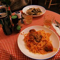 Spaghetti with meatballs and mushroom ravioli at Trevi's in Amsterdam