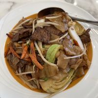 Beef chow ho fun- rice flat noodles with vegan beef, napa, carrot, bok choy, and beansprouts  at Mamak Vegan Kitchen in Chamblee
