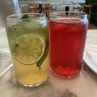 Cucumber mojito soda and hibiscus tea soda  at Mamak Vegan Kitchen in Chamblee
