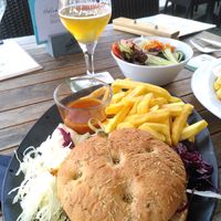 Beetroot burger on a focaccia bun, with local Winterberg beer at Bistorant Uppu in Winterberg