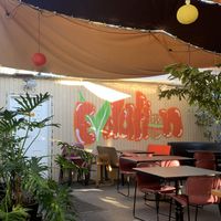 Back patio  at Evolution Fast Food in San Diego