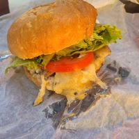 Mushroom Swiss burger at Evolution Fast Food in San Diego