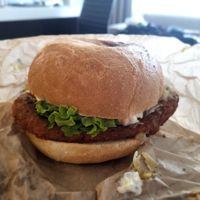 Pesto chick'n burger at Evolution Fast Food in San Diego