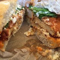 inside the Buffalo Chicken Sandwich  at Evolution Fast Food in San Diego