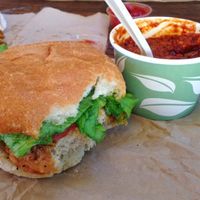 Chicken ranch sandwich, cup of chili. at Evolution Fast Food in San Diego