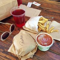 Chicken sandwich (with ranch), fries, cup of chili, sugar-free hibiscus tea. at Evolution Fast Food in San Diego