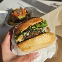 Pesto Mozzarella with Black Bean Patty at Evolution Fast Food in San Diego