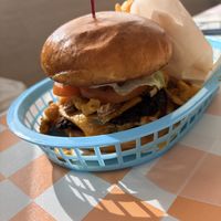 Mac and cheese burger   at Evolution Fast Food in San Diego