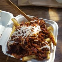 Chilli cheese fries. Generous portion for a 'smaller meal'.  at Evolution Fast Food in San Diego
