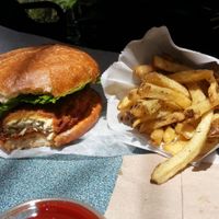 Chick'n burger n fries! at Evolution Fast Food in San Diego