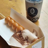 Black sesame boba tea & waffle with chocolate nut cream at NUTTEA - Soho in London