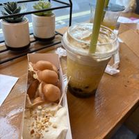 Pistachio cream waffles and pineapple green tea at NUTTEA - Soho in London
