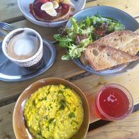 Turk's Mom çilbir, silken tofu scramble & pancakes at FACTORY GIRL Restaurant in Berlin
