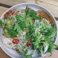 bread with vegan minced meat, mashed avocado, hummus, mustard and salad (big portion) at FACTORY GIRL Restaurant in Berlin