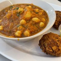 Chana masala (90 baht) with two onion bhajis (20 baht each)  at Indian Food - Food Stall in Hua Hin