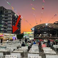 The Indian food stand is to the left of the stage, under that big red arrow (I added that so don’t look for it).  at Indian Food - Food Stall in Hua Hin