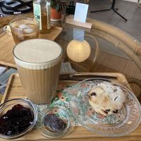 Iced latte with oat milk and vegan scone   at Postbar in Bruges