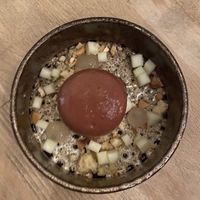 Dessert pure chocolade met cashewnoten, zoet zure peer & schuim van chocola  at Kale & de Bril in Goes