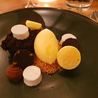 Brownie, panna cotta, dark chocolate, sorbet with star anise, ganache at Kale & de Bril in Goes