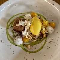 Seventh course: mango ice cream with chocolate cheesecake and coconut  at Kale & de Bril in Goes