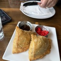 Veggie samosas with chutney  at Royal Indian in Bar Harbor