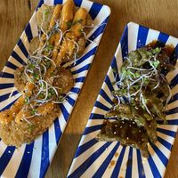 Vegan crispy strips and the dumplingss  at Xu Noodle Bar in Tilburg