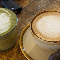 Oat flat white, oat matcha latte at Planks Kitchen in Preston