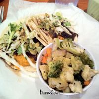 Black bean & sweet potato tacos, veg in peanut sauce, kale banana peanut butter smoothie at The Wild Cow in Nashville