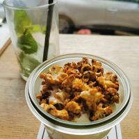 Chocolate mousse with whipped cream and salted caramel popcorn at Flavour Bastards in Copenhagen