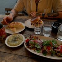 flatbread, baba ganoush, pulled jackfruit burger and tacos   at Flavour Bastards in Copenhagen