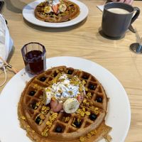 Vegan waffles and coffee  at Olena Cafe in Honolulu